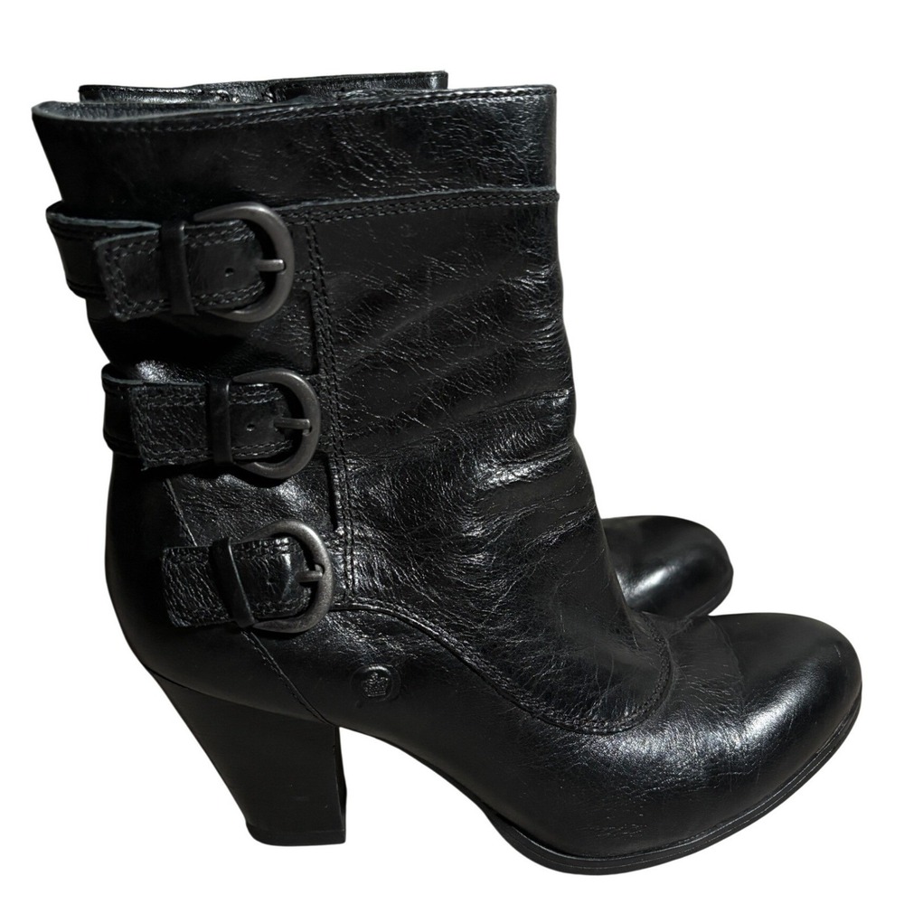 Born Womens 8 Leather Triple Buckle Ankle Boots Side Zip Heel Whimsigoth Moto